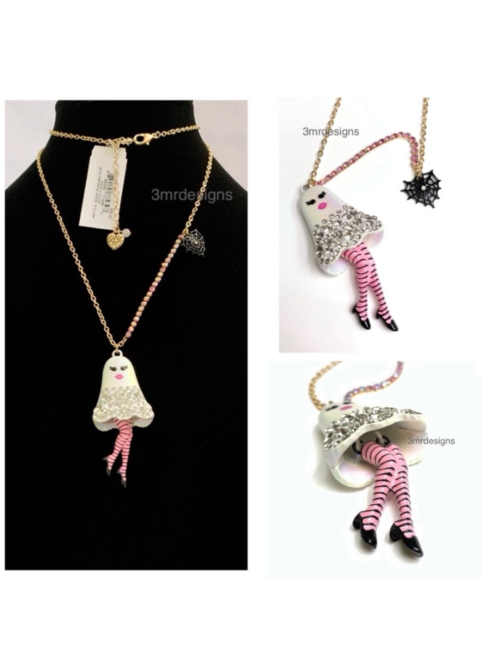 NWT Betsey Johnson 💋HALLOWEEN GIRLY GHOST Gold Tone Glass Stones Long Necklace